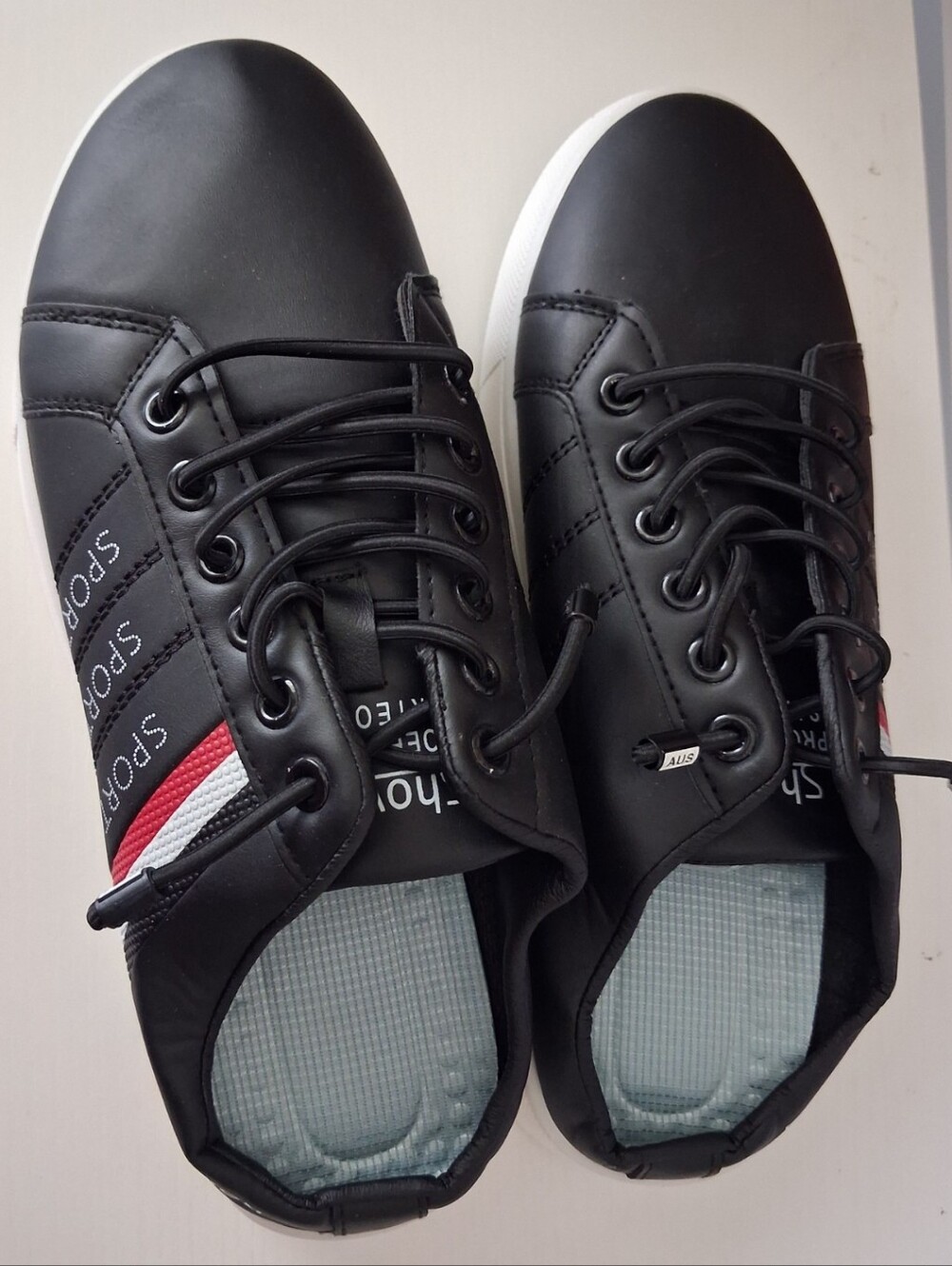 Men's Black Sneakers with Red & White Stripe Accent